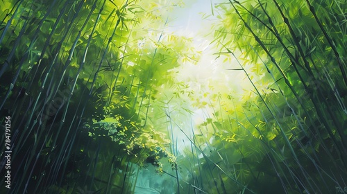 Oil painting, bamboo forest, tranquil greens, dawn light, low angle. 