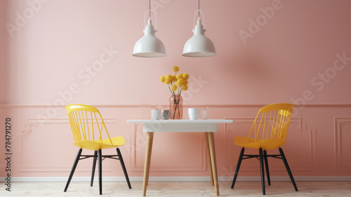 Delight in the charm of Scandinavian design with two chrs in vibrant colors  a central table  and an empty canvas agnst a backdrop of pure pink  white  or yellow  creating a cozy and inviting space.