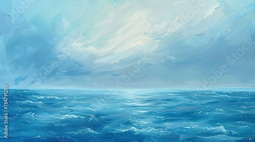 Calm ocean abstract, oil paint, soothing blues, twilight, panoramic view. 