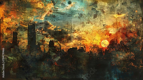 Oil painting grunge, urban decay theme, wide lens, twilight ambiance. 