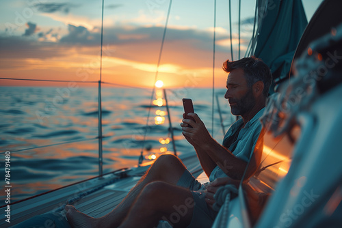 Man Sitting on Boat Looking at Cell Phone