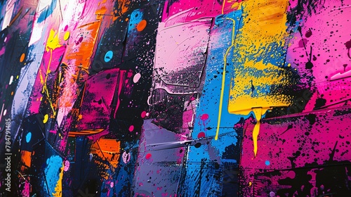 Distressed abstract oil  graffiti vibes  vibrant  overhead angle  neon light. 