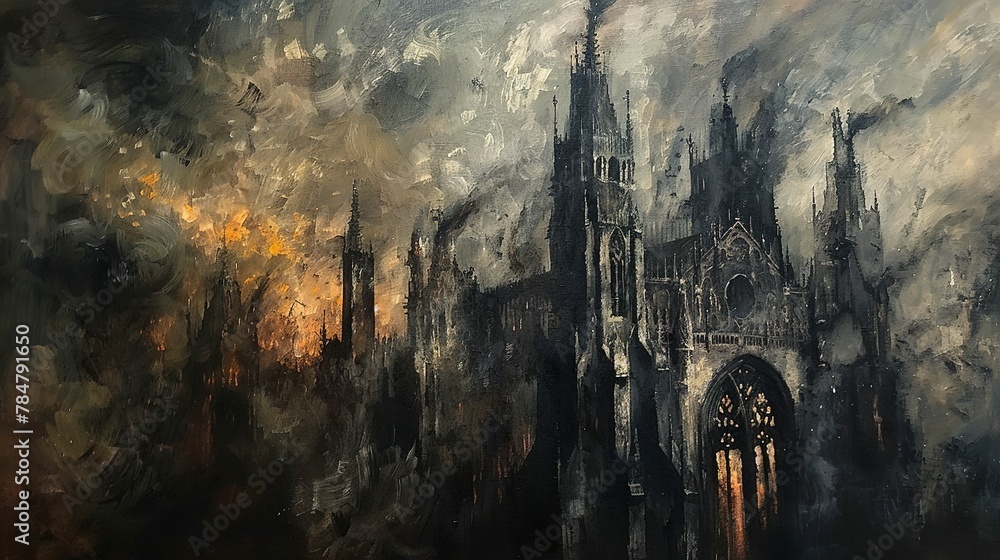 Obraz premium Abstract, oil painted, Gothic architecture, dark hues, stormy sky, mid-angle. 
