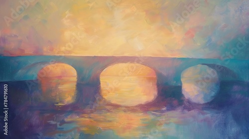 Oil painting, abstract bridges, soft pastels, dusk light, low angle, serene.