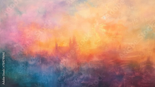 Fantasy castle, abstract oil, pastel sky, dawn light, aerial view, soft focus. 