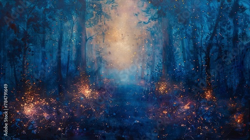 Mystic forest, oil paint, ethereal lights, twilight, wide angle, dreamy haze. 