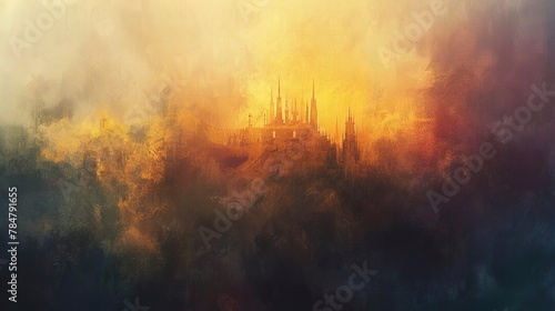 Fantasy castle, abstract oil, pastel sky, dawn light, aerial view, soft focus. 