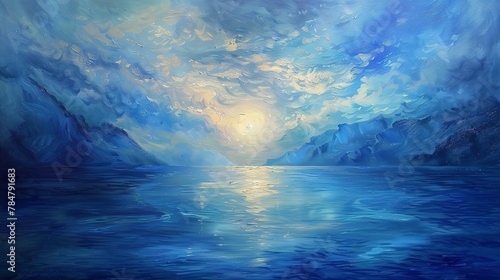Mystical seascape, oil painting, surreal blues, twilight, panoramic, shimmering light. 