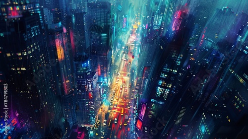 Oil paint, neon cityscape, futuristic glow, night, aerial angle, blurred motion. 
