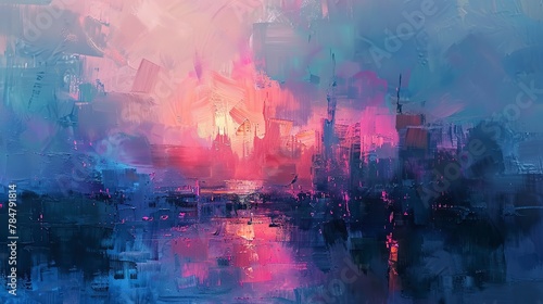 Futuristic skyline, abstract oil painting, cool tones, twilight, panoramic, soft focus.