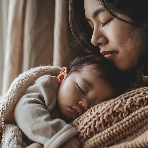 A heartwarming portrayal of a mother and her baby sharing a tender moment in a cozy, softly-lit room.