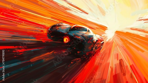 Futuristic transport, abstract oil, dynamic strokes, sunset, high angle, speed blur.
