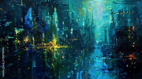 Abstract, underwater city, oil painting, aquatic colors, night, low angle, glowing lights. 