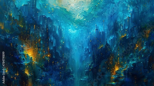Abstract, underwater city, oil painting, aquatic colors, night, low angle, glowing lights.  photo