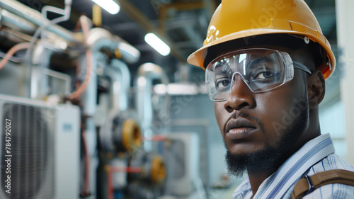 Black male aircond electrician engineer. Industrial air conditioning technician photo