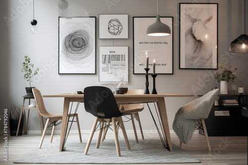 Cultivate your creativity in a Nordic-inspired nook adorned with chrs of various colors, positioned around a central table, while an empty canvas on the wall sparks inspiration and imagination  photo