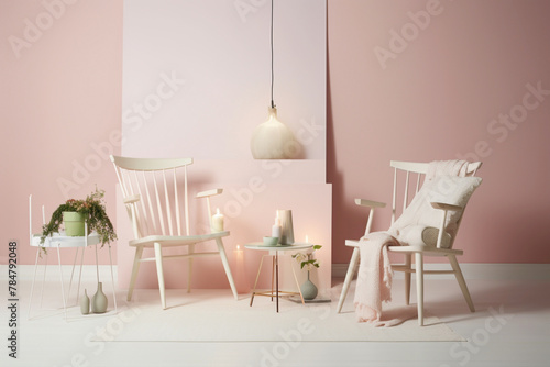 Create your own sanctuary with two chrs in soft pastel hues, a central table, and an empty canvas agnst a backdrop of pure pink, white, or yellow, enveloping you in a sense of calm and 