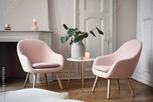Create your own sanctuary with two chrs in soft pastel hues  a central table  and an empty canvas agnst a backdrop of pure pink  white  or yellow  enveloping you in a sense of calm and tranquility