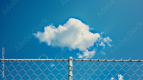 Сlouds in the blue sky behind an open chain link fence. Background. Generated by artificial intelligence.