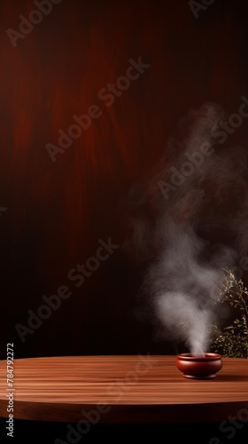 brown background with a wooden table and smoke. Space for product presentation, studio shot, photorealistic, high resolution image with soft lighting 