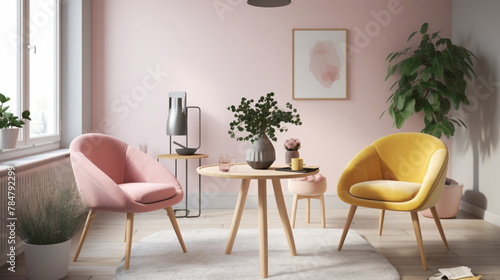 Create your own haven of comfort with two chrs in soft tones, a central table, and an empty canvas agnst a backdrop of pure pink, white, or yellow, enveloping you in a cozy Scandinavian embrace. © Hamza