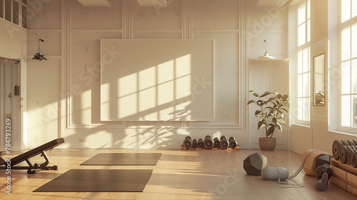 A vibrant home gym with an empty canvas wting to inspire fitness enthusiasts, surrounded by walls pnted in sunshine white, energizing the space and motivating individuals to push their limits,  photo