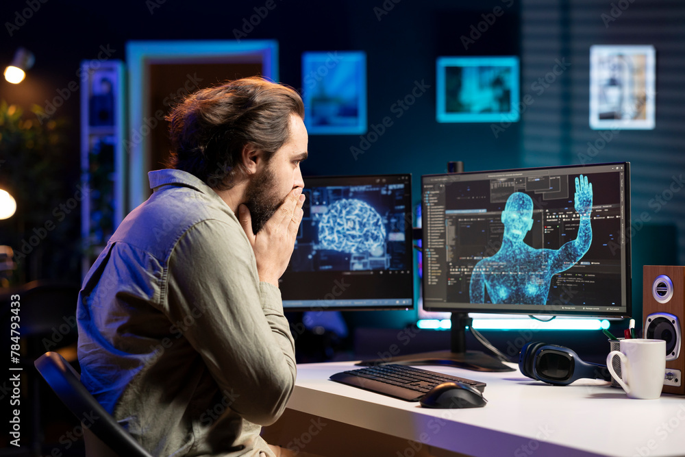 Man unable to believe eyes after seeing AI gaining humanoid form and consciousness, waving hand to salute him. Computer scientist surprised by artificial intelligence greeting him unprompted