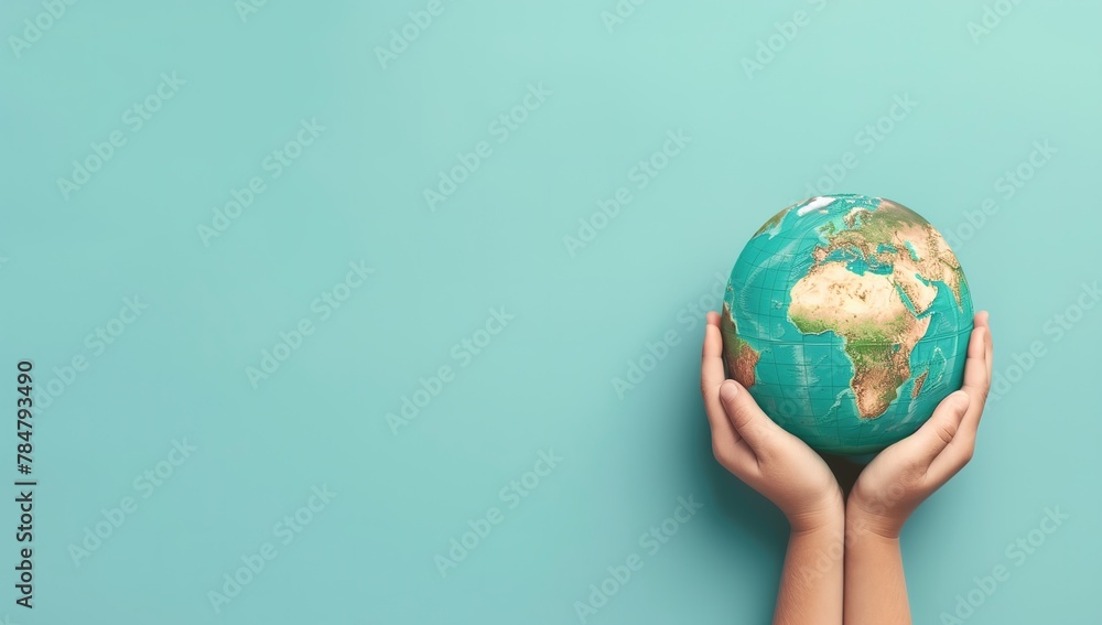 Hands Holding A Shaped World Map On A Blue Background Hands Holding A Shaped World Map On A Blue Background