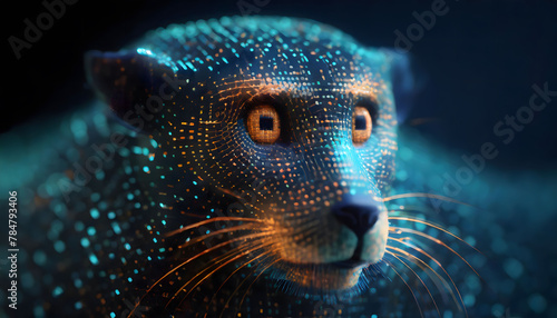 Mysterious glowing leopard with digital patterns against a dark background, bright eyes stands out against a dark, moody backdrop.