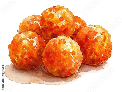 Vibrant Watercolor of Homemade Thai Sweet Potato Balls Kanom Kai Nok Kra Ta Appetizer on White Background