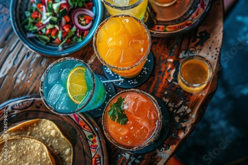 An assortment of vibrant Mexican drinks elegantly presented from a top-down perspective, reflecting the festive spirit of Cinco de Mayo. © Iryna