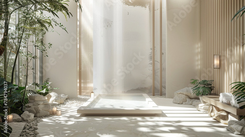 A serene spa retreat featuring an empty canvas as a focal point  illuminated by sunshine white light  creating a tranquil and rejuvenating ambiance that promotes relaxation and renewal for guests