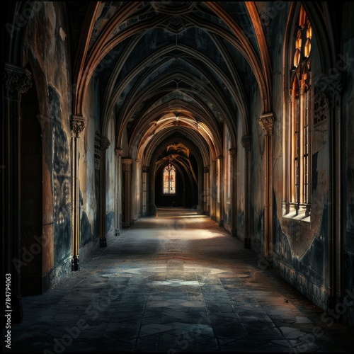 A long, shadowy corridor in a gothic castle with arched ceilings and stained glass windows creates a mysterious and atmospheric scene © PorchzStudio
