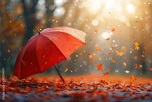 Wallpaper Mural Beautiful autumn background landscape. Carpet of fallen orange autumn leaves in park and red umbrella. Leaves fly in wind in sunlight. Concept of Golden autumn. Torontodigital.ca