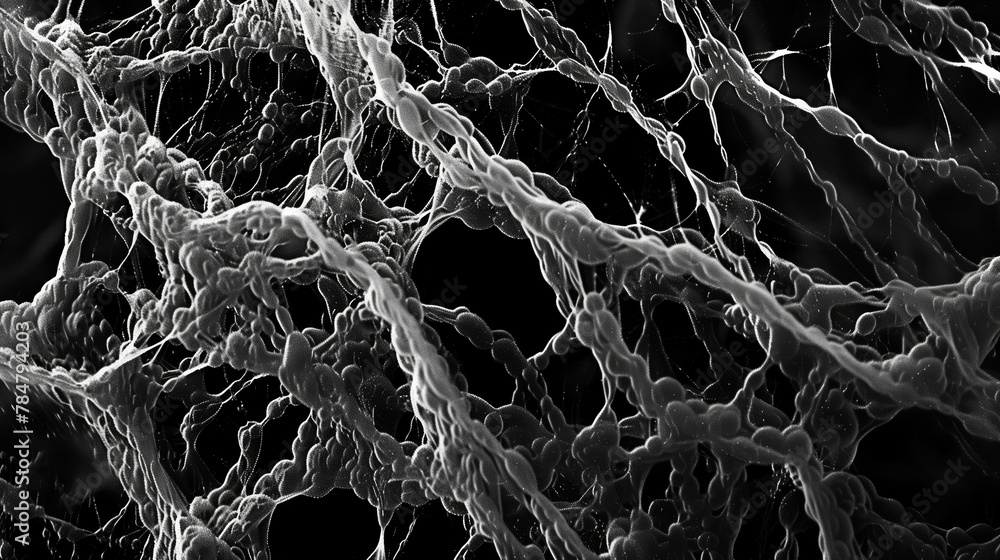 A high-resolution, monochrome micrograph of an intricate network of fibers in the skin resembling flowing water on the dark background. Generated by artificial intelligence. A high-resolution, monochrome micrograph of an intricate network of fibers in the skin resembling flowing water on the dark background. Generated by artificial intelligence.