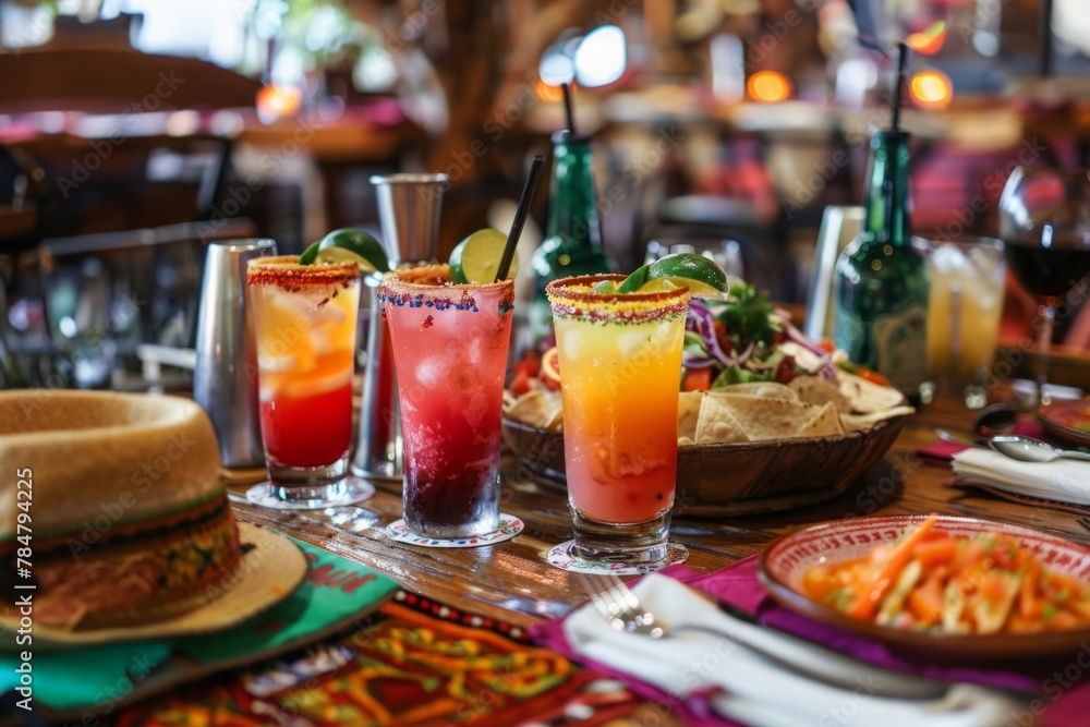 An array of vibrant, refreshing drinks adorned with festive umbrellas and fruit garnishes line a wooden table