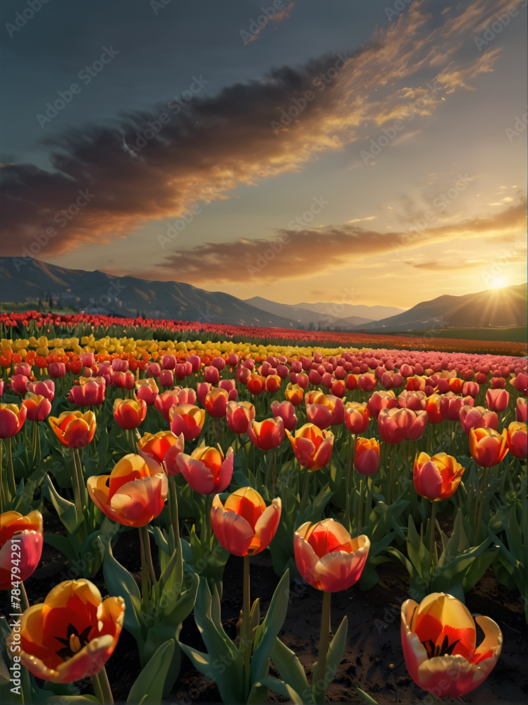 A field of blossoming flowers Tulips, against the background of evening sunset