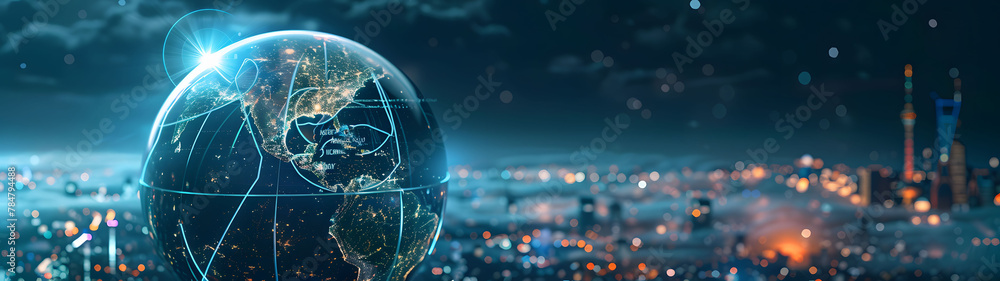 Digital globe hologram over cityscape at night showcasing global communication, illuminated cityscape at night, symbolizing advanced technology and global connectivity,wide banner. Digital globe hologram over cityscape at night showcasing global communication, illuminated cityscape at night, symbolizing advanced technology and global connectivity,wide banner.