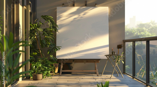 A serene balcony with an empty canvas as a focal point, bathed in sunshine white light, providing a peaceful and inspiring outdoor space where individuals can enjoy moments of solitude 