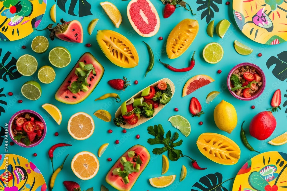 flat lay arrangement showcases the vibrancy of Mexican culture with a colorful sombrero, a variety of fresh fruits and vegetables, festive decorations, and bright textiles. flat lay arrangement showcases the vibrancy of Mexican culture with a colorful sombrero, a variety of fresh fruits and vegetables, festive decorations, and bright textiles.