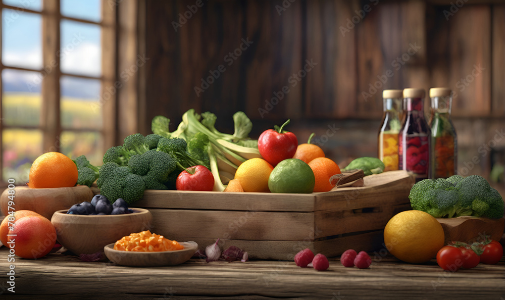 Various vegetables, berries, fruits on the kitchen table Various vegetables, berries, fruits on the kitchen table