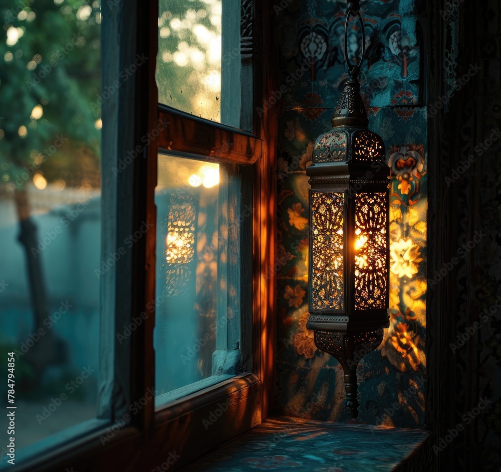 In this evocative image, a radiant Ramadan lantern illuminates the surroundings, symbolizing the holy month's spiritual warmth, cultural richness, and festive joy In this evocative image, a radiant Ramadan lantern illuminates the surroundings, symbolizing the holy month's spiritual warmth, cultural richness, and festive joy