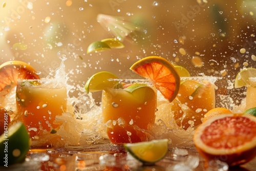 Cocktails captured mid-air  creating a dynamic splash as lime and orange slices seemingly dance around the suspended glasses. The salt rims on the glasses add tex