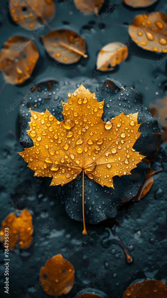 A leaf with water droplets on it is the main focus of the image A leaf with water droplets on it is the main focus of the image