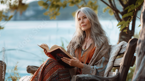 A woman is sitting on a bench by a lake, reading a book