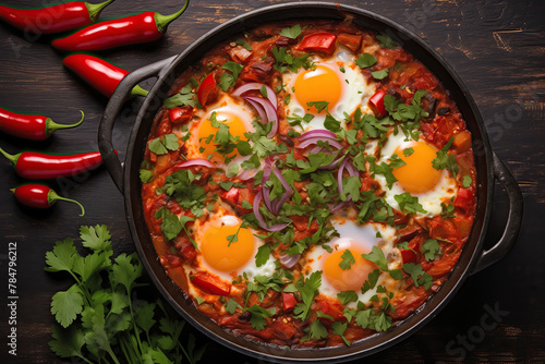 A delicious, eye-catching image of shakshuka cooking in a cast iron skillet. The eggs are poached in a sauce of tomatoes, chili peppers, and onions, sprinkled with fresh herbs.