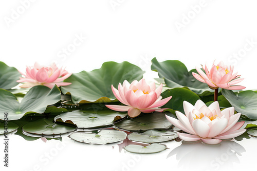 A delicate pink lotus flower blooms amidst dark green lily pads  reflecting in the tranquil waters  embodying peace and purity.