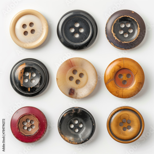 An array of colorful sewing buttons scattered on a white surface, showcasing a variety of shapes and sizes.