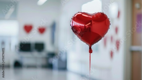 Vibrant red heart balloon in donation center against backdrop of encouraging World Blood Donor Day notes. World Blood Donor Day
