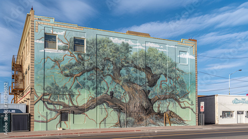 This expansive mural of a vast tree symbolizes life and women empowerment, towering over the urban landscape photo